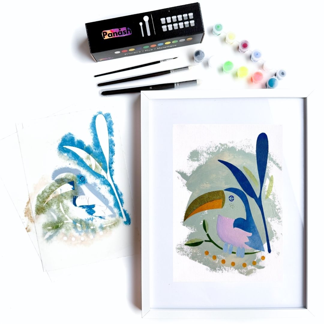 Kit pochoirs superposables Panash Art – alternative à la peinture au numéro, activité créative DIY pour créer une œuvre murale oiseau coloré à la maison, loisir créatif facile adulte et enfant, pinceaux et peintures inclus, décoration intérieure moderne.