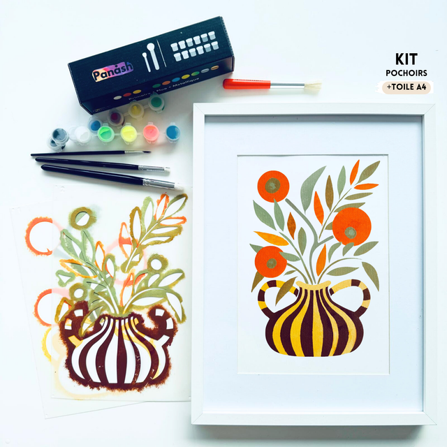 Kit Pochoirs superposables Vase Solena Panash Art – création DIY d’un tableau floral avec vase graphique et fleurs orange, activité créative facile.