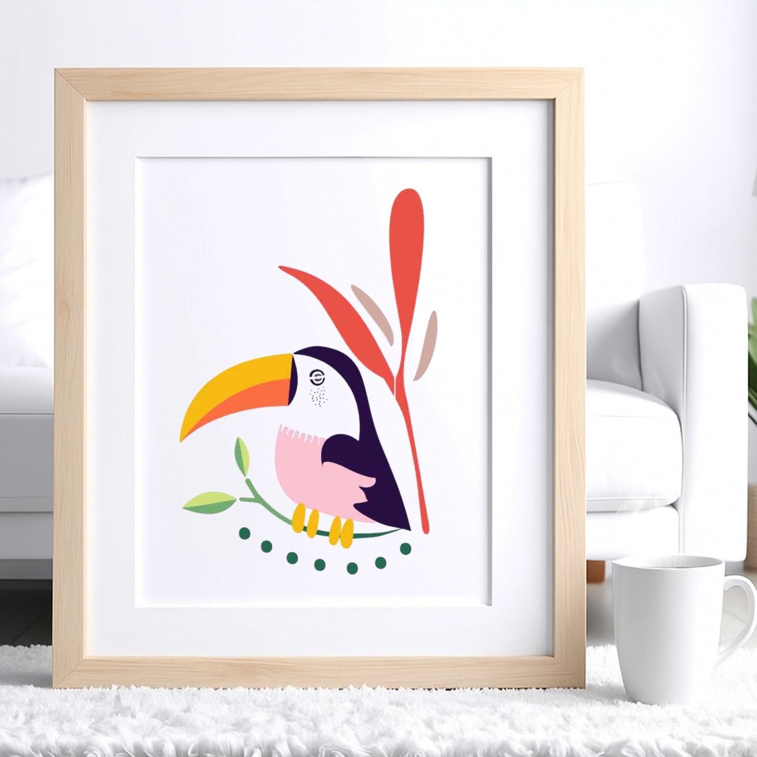 Résultat final du pochoir TOUCAN Panash Art – oiseau tropical coloré au grand bec, sur fond blanc, style décoratif moderne.