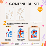 Kit créatif abstrait Panash Art contenant 2 pochoirs superposables réutilisables et une toile A4 incluse. Ce coffret DIY permet de créer facilement une œuvre graphique moderne rouge et bleue sans savoir dessiner. Activité créative accessible dès 6 ans, idéale pour la décoration intérieure, les loisirs créatifs et les cadeaux artistiques originaux. Fabriqué en France. Alternative à la peinture au numéro