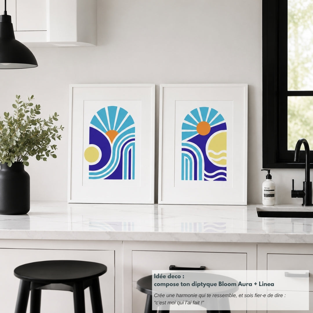 Tableaux abstraits DIY Bloom Aura et Bloom Linéa à réaliser avec 2 pochoirs superposables Panash Art. Diptyque décoratif sur toile A4, activité créative pour adultes et adolescents, alternative à la peinture par numéros, décoration murale contemporaine.