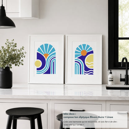 Tableaux abstraits DIY Bloom Aura et Bloom Linéa à réaliser avec 2 pochoirs superposables Panash Art. Diptyque décoratif sur toile A4, activité créative pour adultes et adolescents, alternative à la peinture par numéros, décoration murale contemporaine.