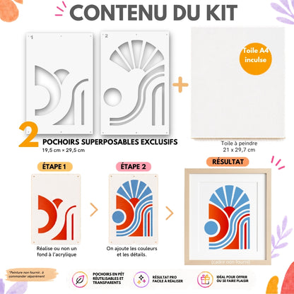 Kit créatif abstrait Panash Art contenant 2 pochoirs superposables réutilisables et une toile A4 incluse. Ce coffret DIY permet de créer facilement une œuvre graphique moderne rouge et bleue sans savoir dessiner. Activité créative accessible dès 6 ans, idéale pour la décoration intérieure, les loisirs créatifs et les cadeaux artistiques originaux. Fabriqué en France. Alternative à la peinture au numéro