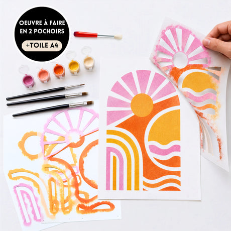 Kit créatif Bloom Linéa avec 2 pochoirs superposables Panash Art. Tableau abstrait aux formes graphiques et couleurs douces à réaliser sur toile A4. Activité créative accessible aux débutants, alternative à la peinture par numéros, permettant de créer facilement une œuvre décorative personnalisée sans savoir dessiner.