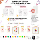 Contenu du coffret Collection Tropical Birds Panash Art avec modèles toucan et perroquet, 4 pochoirs superposables réutilisables, toiles incluses et activité créative DIY alternative à la peinture au numéro