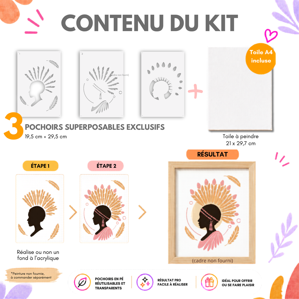 Kit créatif Crépuscule d’Amani Panash Art avec 3 pochoirs superposables exclusifs et toile A4 incluse pour réaliser facilement un portrait féminin élégant aux détails bohèmes. Une alternative originale à la peinture au numéro, accessible même sans savoir dessiner.