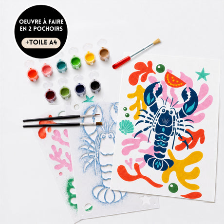 Kit pochoir homard Augustin PANASH ART avec toile A4 et peinture acrylique – activité créative DIY, alternative à la peinture par numéro pour adulte et enfant