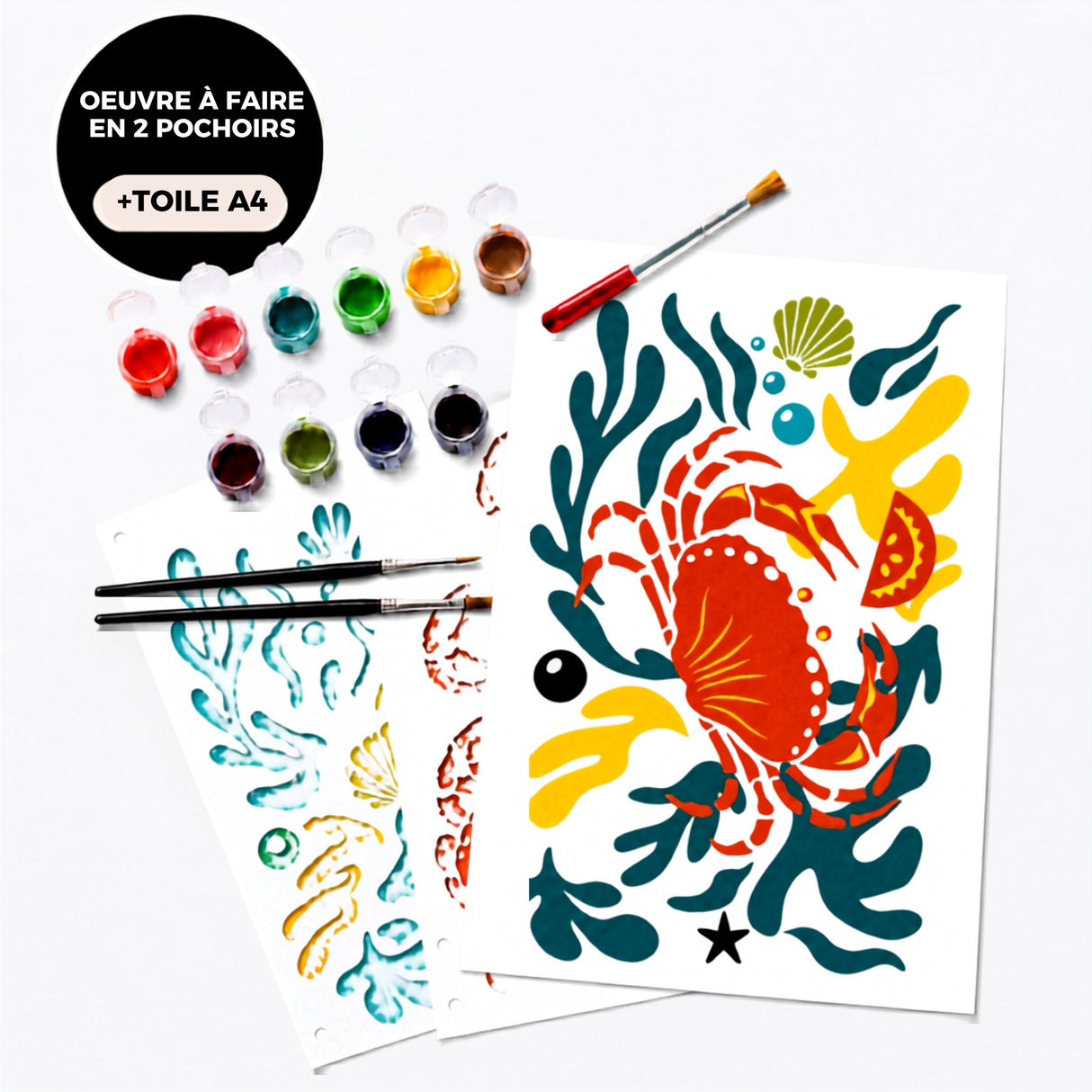 Kit pochoir Crabe Marcel PANASH ART avec toile A4 et peinture acrylique – activité créative DIY, alternative à la peinture par numéro pour adulte et enfant