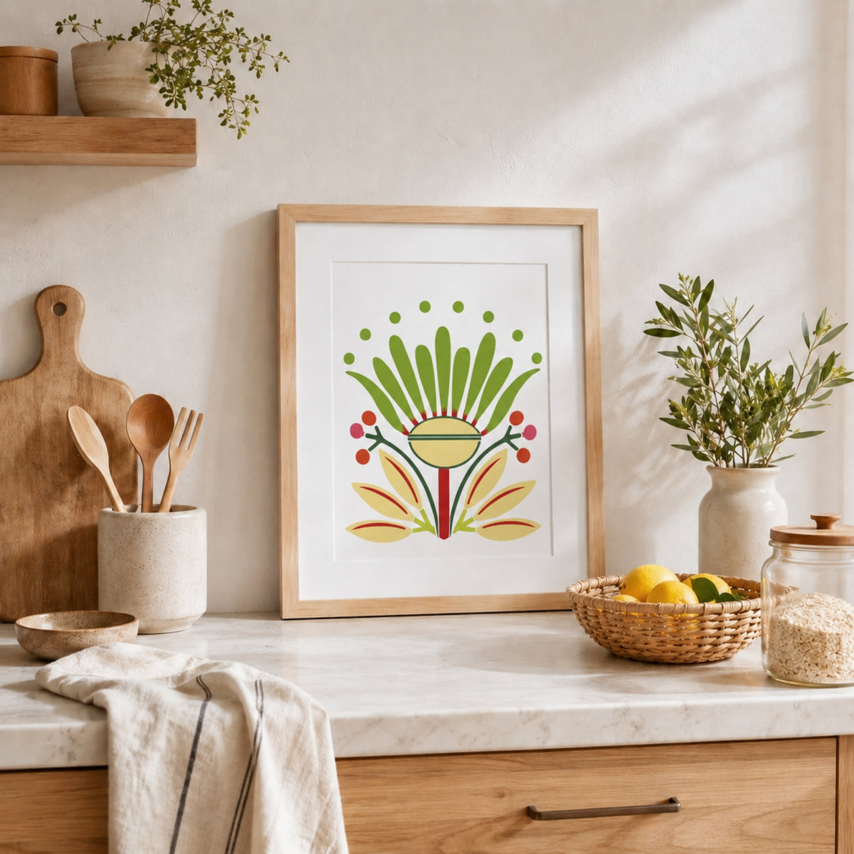 Œuvre Flowers Babs réalisée avec les pochoirs superposables Panash Art, encadrée dans un cadre bois et exposée dans un intérieur lumineux. Alternative à la peinture au numéro pour créer facilement une décoration murale florale personnalisée.