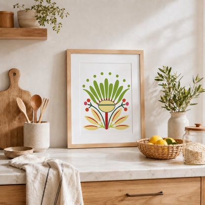 Œuvre Flowers Babs réalisée avec les pochoirs superposables Panash Art, encadrée dans un cadre bois et exposée dans un intérieur lumineux. Alternative à la peinture au numéro pour créer facilement une décoration murale florale personnalisée.