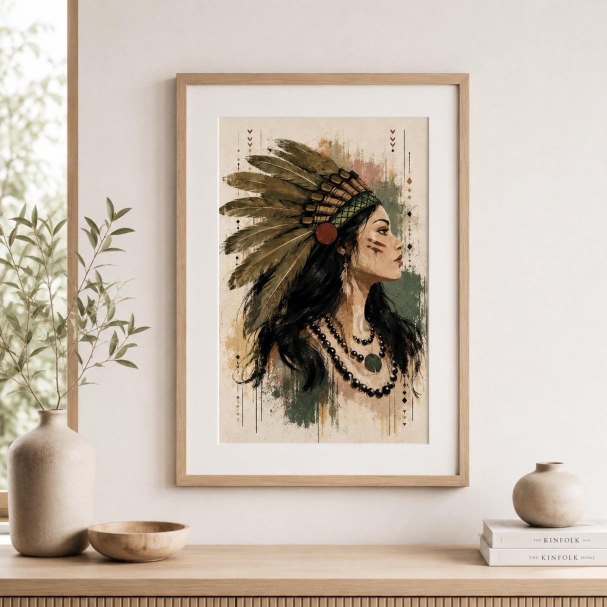 Modèle Dakota Panash Art encadré au format A4, portrait féminin inspiré de l’univers amérindien réalisé avec des pochoirs superposables, présenté sur un mur blanc dans une décoration japandi en bois clair.
