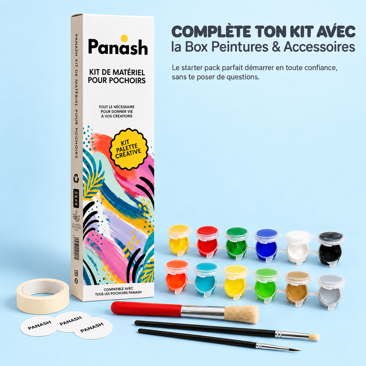 Box peintures et accessoires Panash Art avec peinture acrylique, pinceaux et matériel créatif pour pochoir artistique. Kit DIY complet et accessible aux débutants pour réaliser une œuvre moderne sans savoir dessiner.