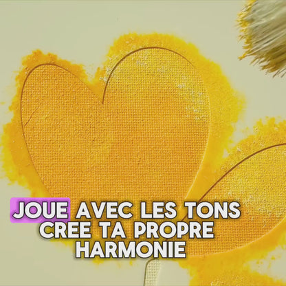 Vidéo de réalisation du pochoir créatif Crocus Panash Art, peinture acrylique sur toile effet lin, fleurs jaunes et feuillage vert, activité DIY artistique alternative à la peinture au numéro