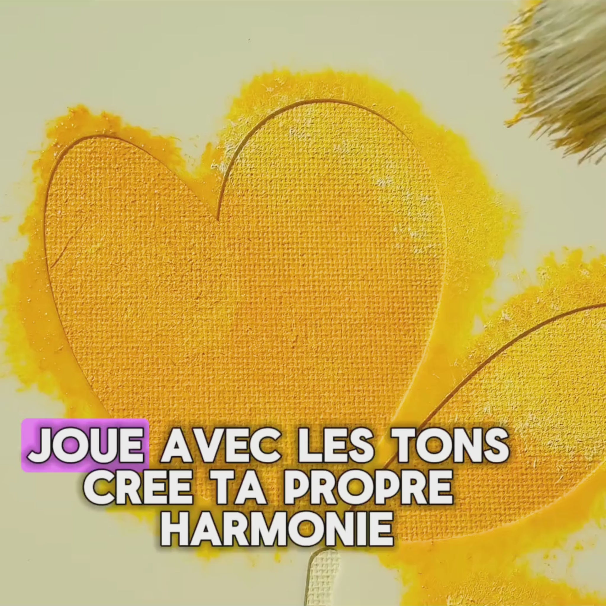 Vidéo de réalisation du pochoir créatif Crocus Panash Art, peinture acrylique sur toile effet lin, fleurs jaunes et feuillage vert, activité DIY artistique alternative à la peinture au numéro