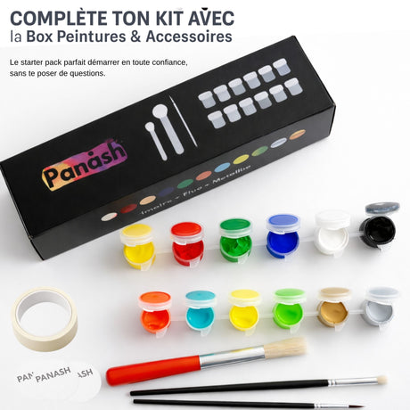 Box peintures et accessoires Panash Art avec peinture acrylique, pinceaux et matériel créatif pour pochoir artistique. Kit DIY complet et accessible aux débutants pour réaliser une œuvre moderne sans savoir dessiner.